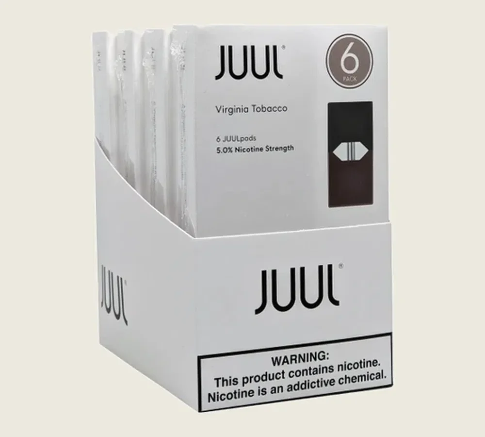 Juul | 6-Facing Display Pre-Filled Virginia & Menthol | Silver Device Kit (MSRP $853.92)